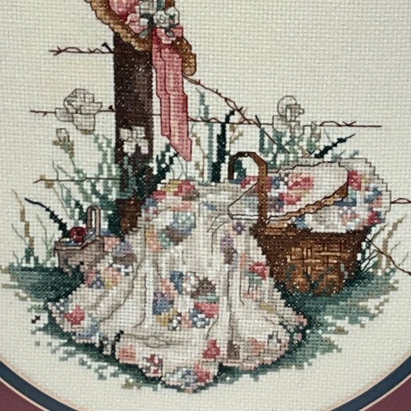 Framed Vintage Cross Stitch Art With Floral Picnic Scene In Wood Frame - Picture 3 of 7